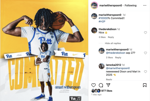 When Witherspoon announced his commitment to Pitt, Dixon left a congratulatory "Nice" comment on his Instagram post. Witherspoon then replied, attempting to recruit Dixon to join him in the future Panthers' back court. 